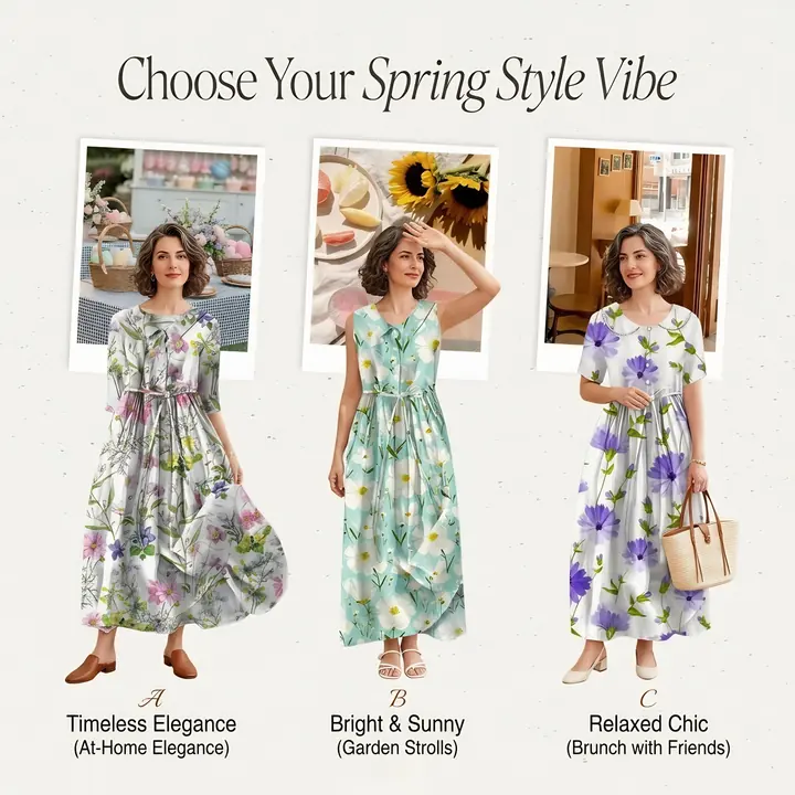 “Choose Your Spring Style Vibe” post with three linen dress looks.