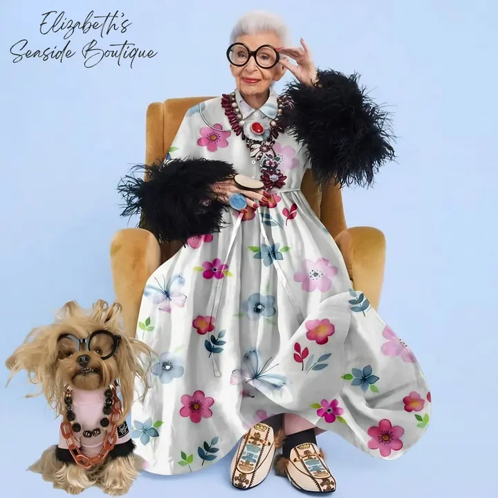 Editorial ad: a woman in a floral dress on a velvet chair with a small dog.