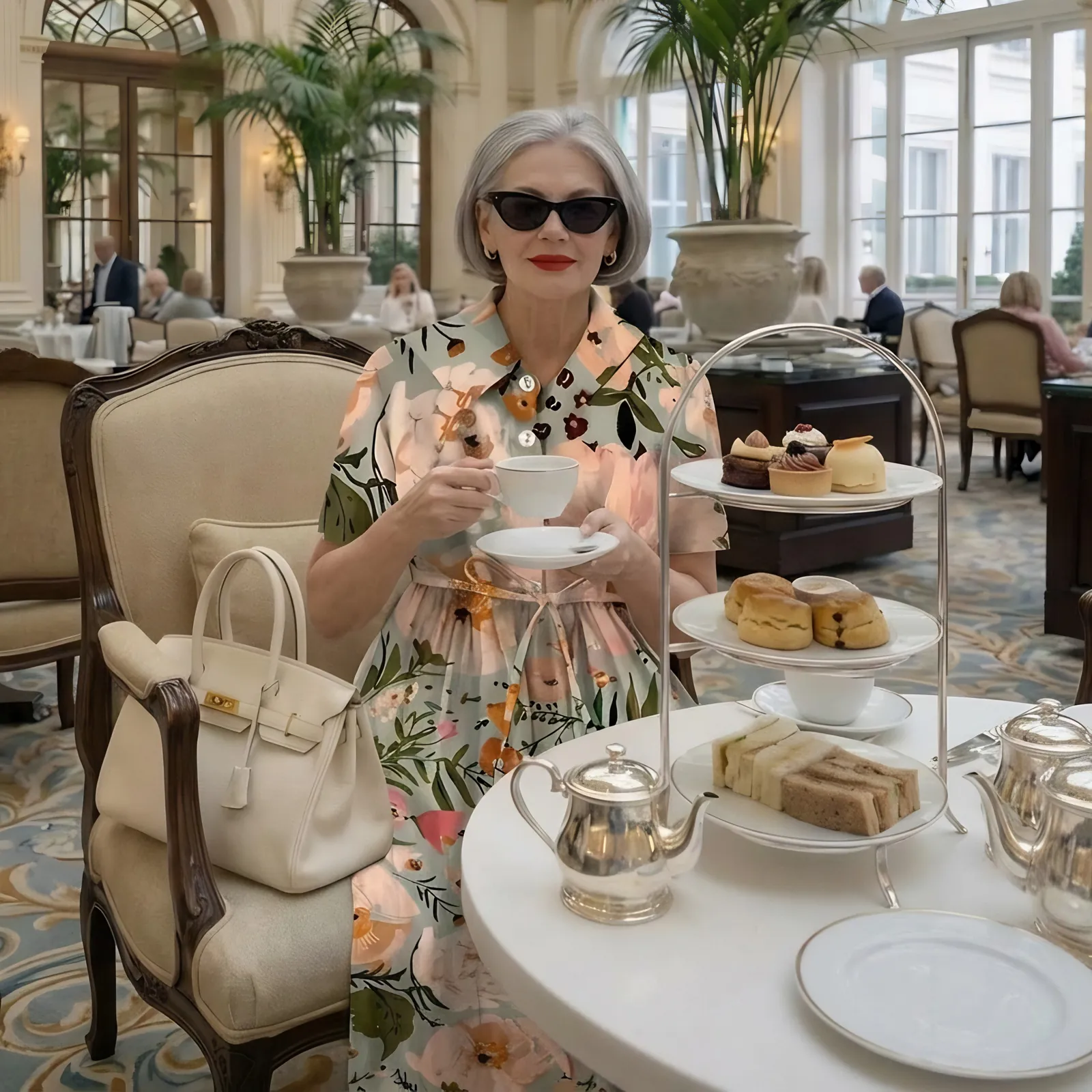 Editorial ad: a woman in a floral linen dress at afternoon tea.