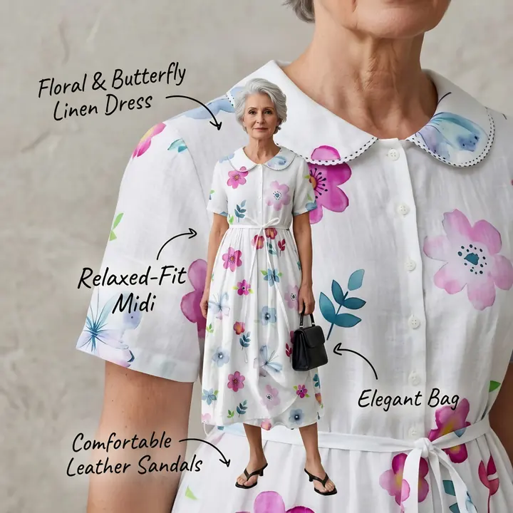 Callout post labelling a floral and butterfly linen dress, sandals and bag.
