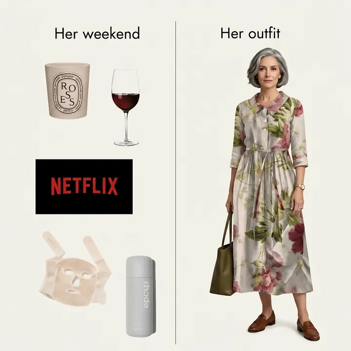Split post: her weekend items and her floral linen outfit.