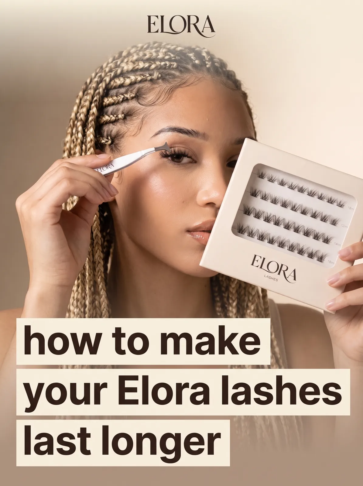 Carousel slide 1: “how to make your Elora lashes last longer”, a model holding an Elora lash kit.