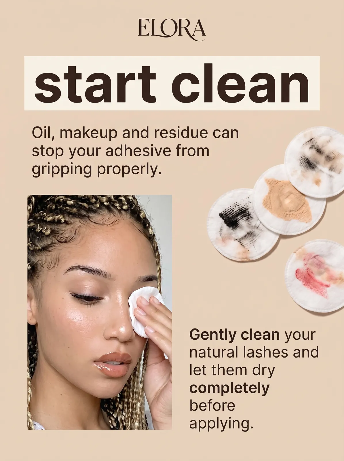 Slide 2: “start clean”, cleaning lashes before applying.