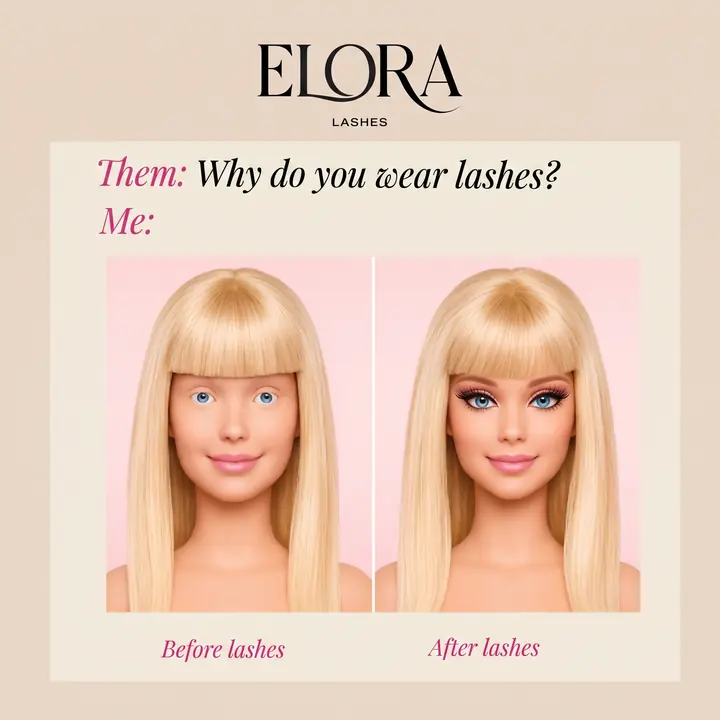 Meme post: “Them: Why do you wear lashes? Me:” with before and after lashes.