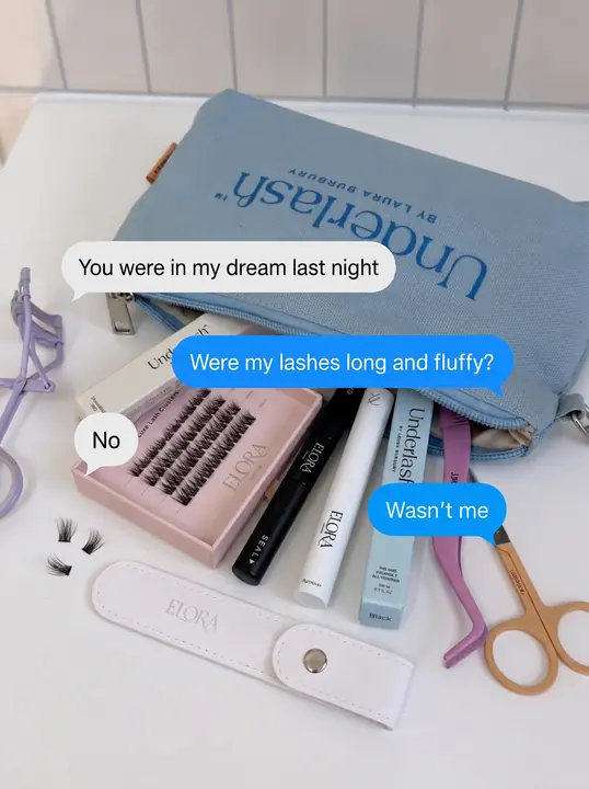 Lash kit flat lay with chat bubbles: “Were my lashes long and fluffy?”